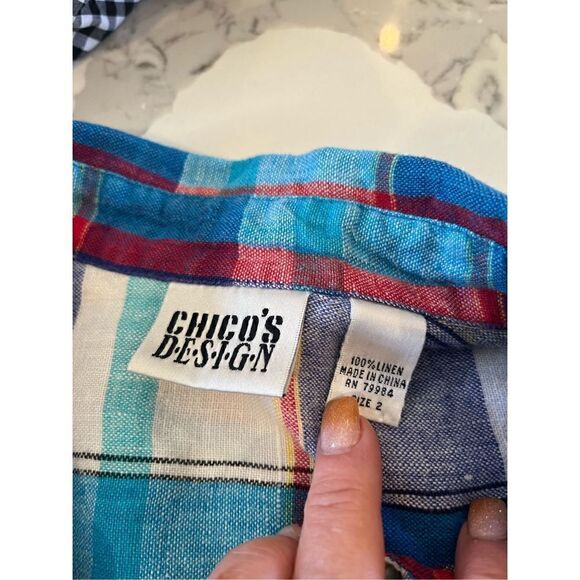 Chico’s Design Women’s Plaid Linen Button Down Shirt Sz 12 (Chico Sz 2) Blue - Picture 7 of 9